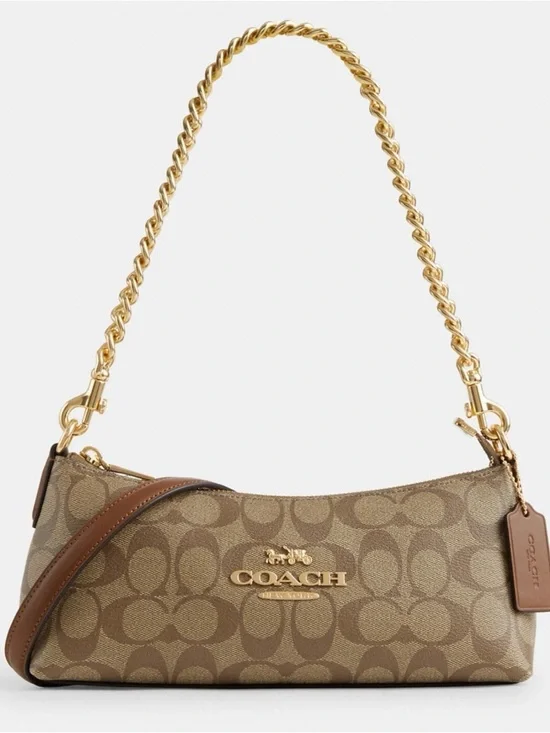 Coach Brown Signature Canvas Shoulder Bag with Gold Chain - Picture 1 of 14